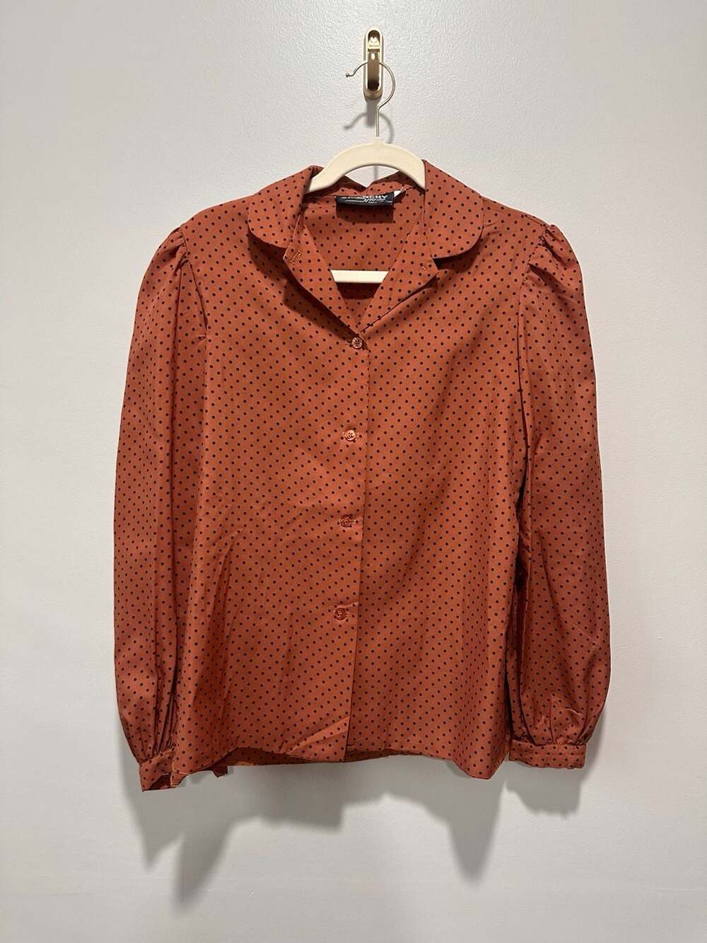 Vintage Givenchy Sport Blouse Size 8 Rust Orange Black Polka Dot Long Sleeve, Sz